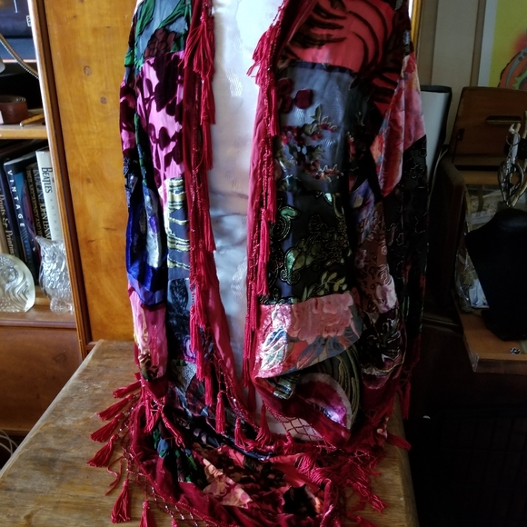 Midi PATCHWORK kimono VELVET SILK BLEND bead fringe COAT s/m - Picture 6 of 12